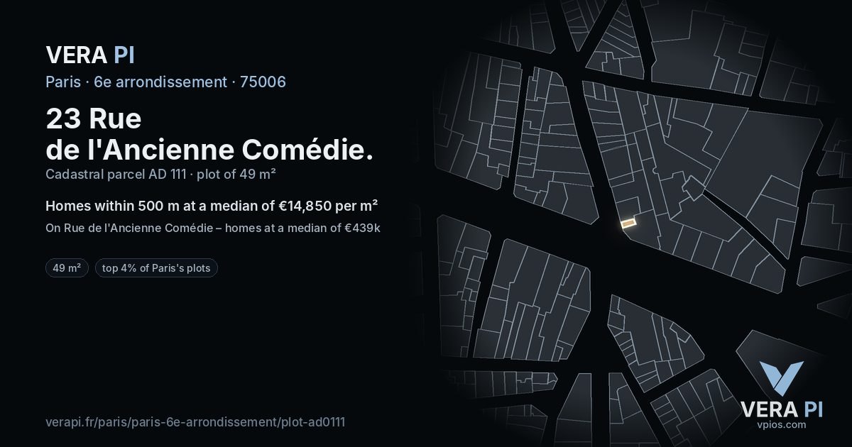 23 Rue de l'Ancienne Comédie, 6e arrondissement at night – the plot lit, the parcels around coloured by the prices near them