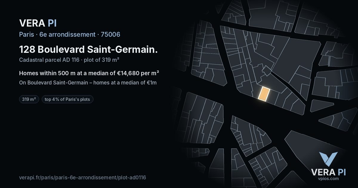128 Boulevard Saint-Germain, 6e arrondissement at night – the plot lit, the parcels around coloured by the prices near them