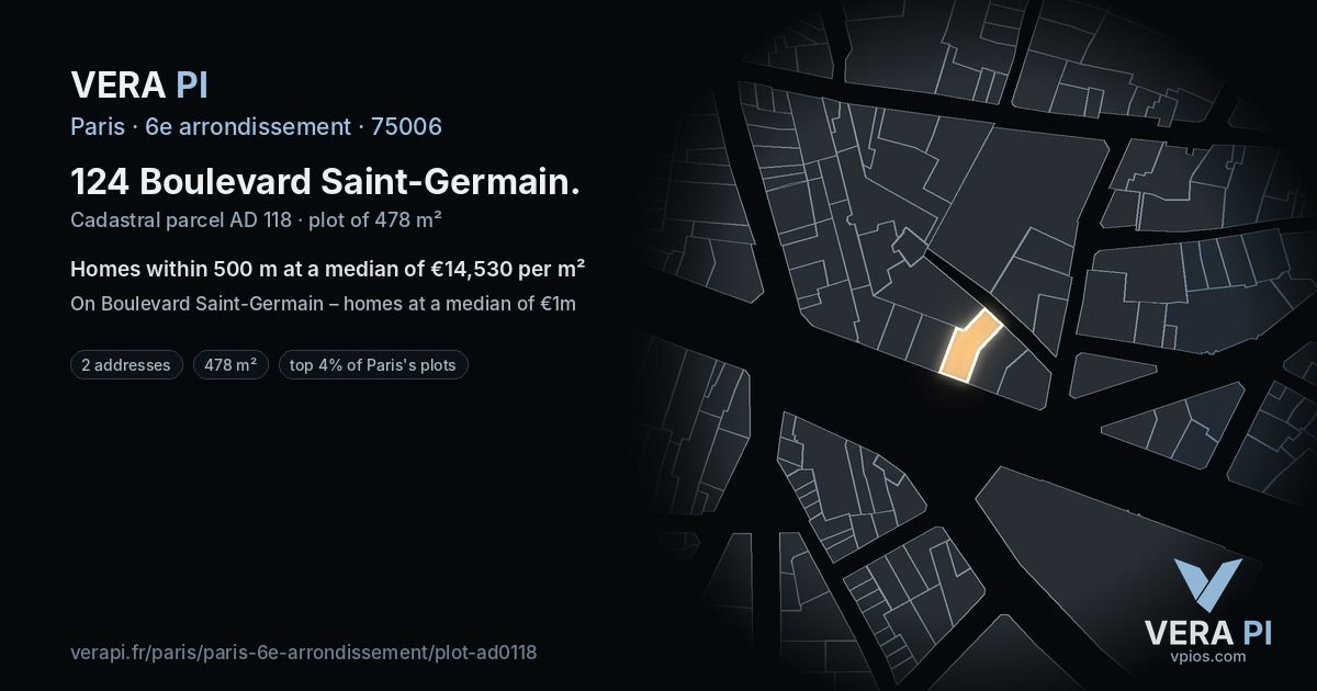 124 Boulevard Saint-Germain, 6e arrondissement at night – the plot lit, the parcels around coloured by the prices near them