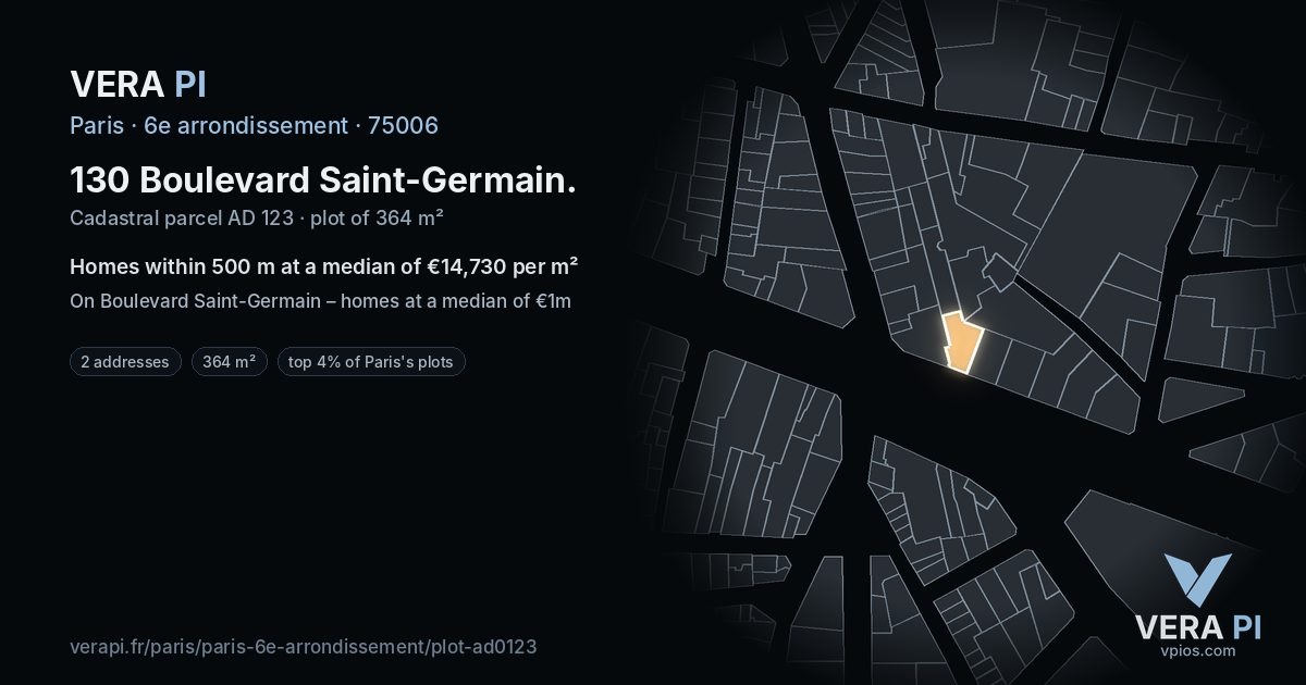 130 Boulevard Saint-Germain, 6e arrondissement at night – the plot lit, the parcels around coloured by the prices near them