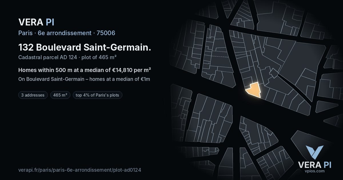 132 Boulevard Saint-Germain, 6e arrondissement at night – the plot lit, the parcels around coloured by the prices near them