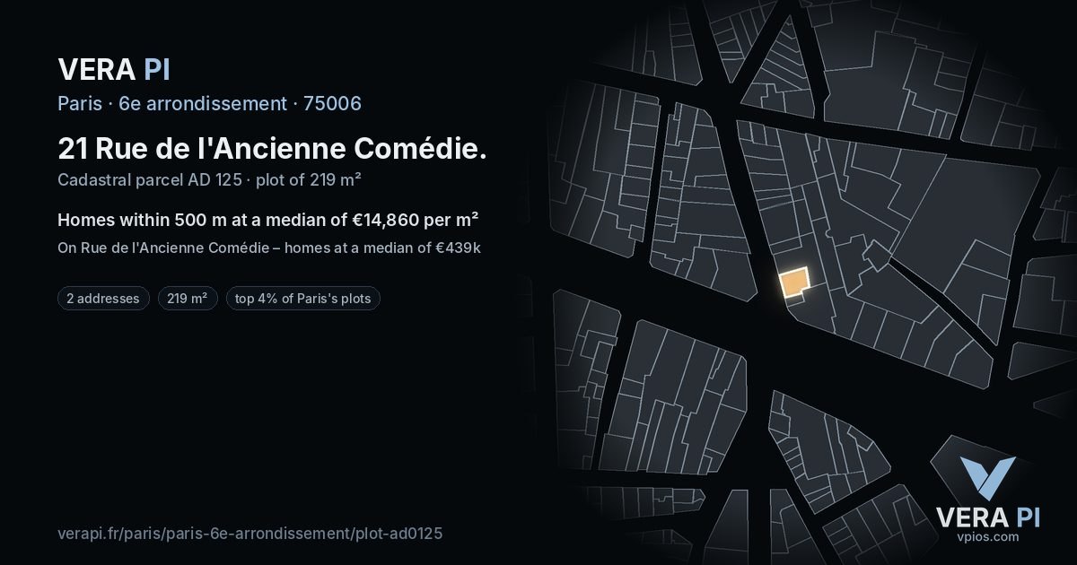 21 Rue de l'Ancienne Comédie, 6e arrondissement at night – the plot lit, the parcels around coloured by the prices near them
