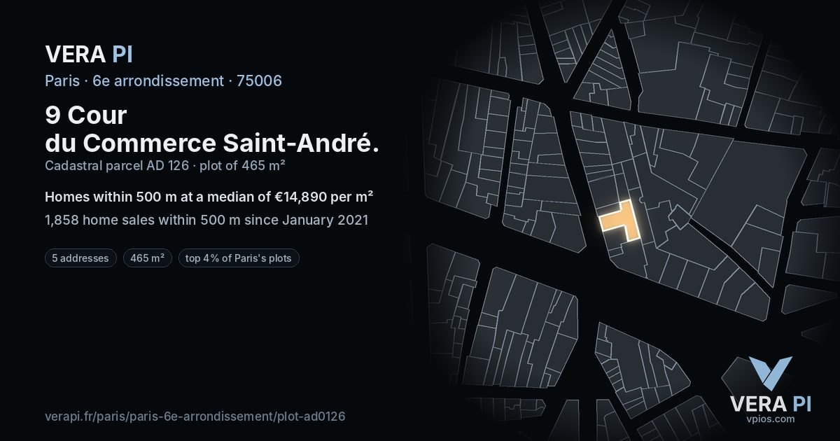 9 Cour du Commerce Saint-André, 6e arrondissement at night – the plot lit, the parcels around coloured by the prices near them