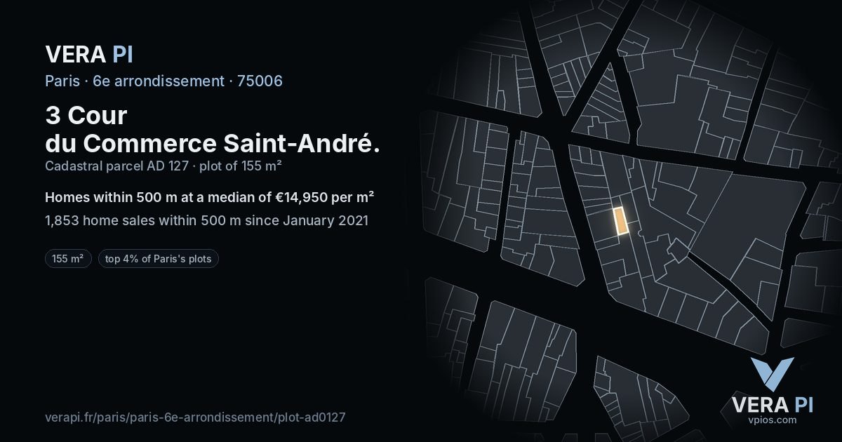 3 Cour du Commerce Saint-André, 6e arrondissement at night – the plot lit, the parcels around coloured by the prices near them