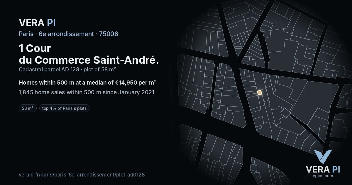 1 Cour du Commerce Saint-André, 6e arrondissement at night – the plot lit, the parcels around coloured by the prices near them