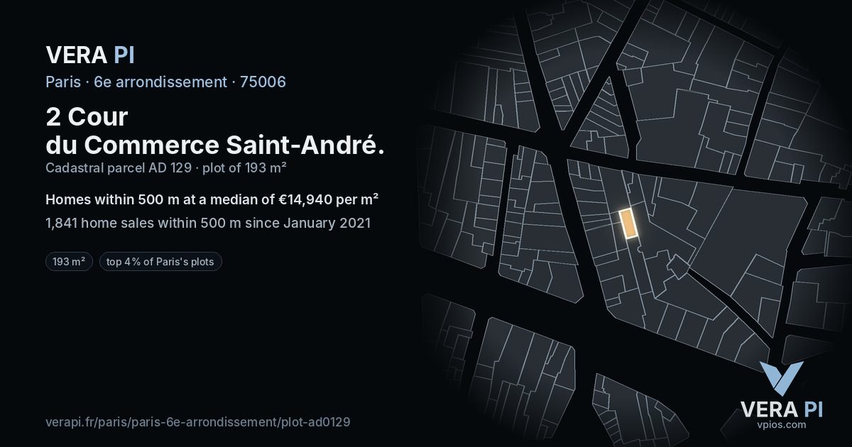 2 Cour du Commerce Saint-André, 6e arrondissement at night – the plot lit, the parcels around coloured by the prices near them