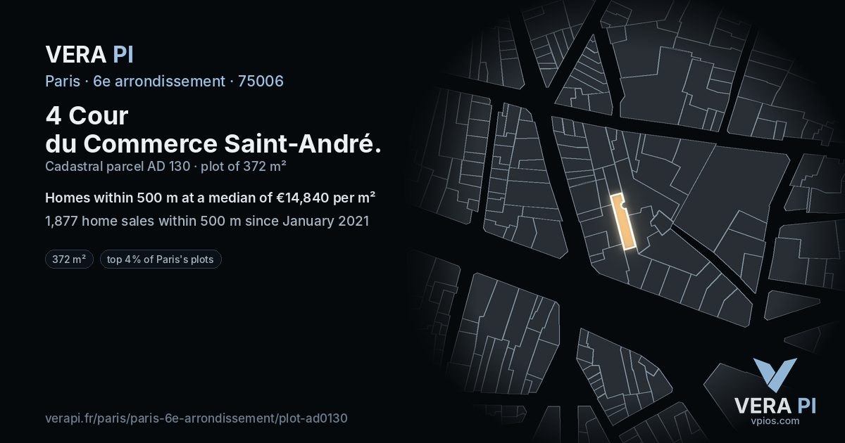 4 Cour du Commerce Saint-André, 6e arrondissement at night – the plot lit, the parcels around coloured by the prices near them