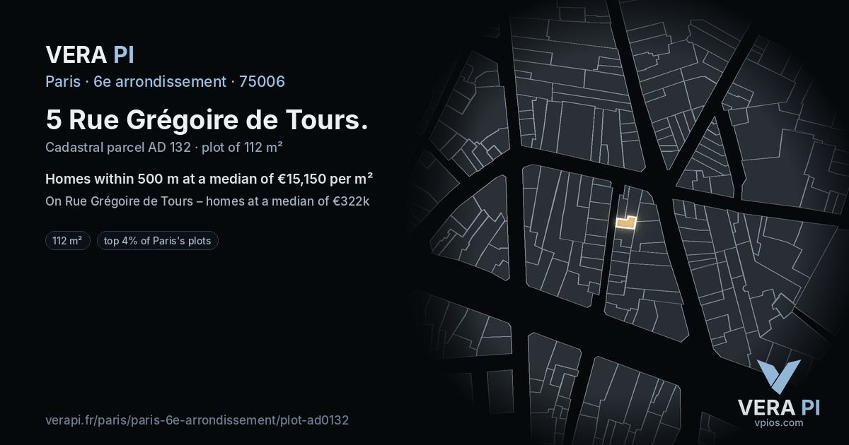 5 Rue Grégoire de Tours, 6e arrondissement at night – the plot lit, the parcels around coloured by the prices near them