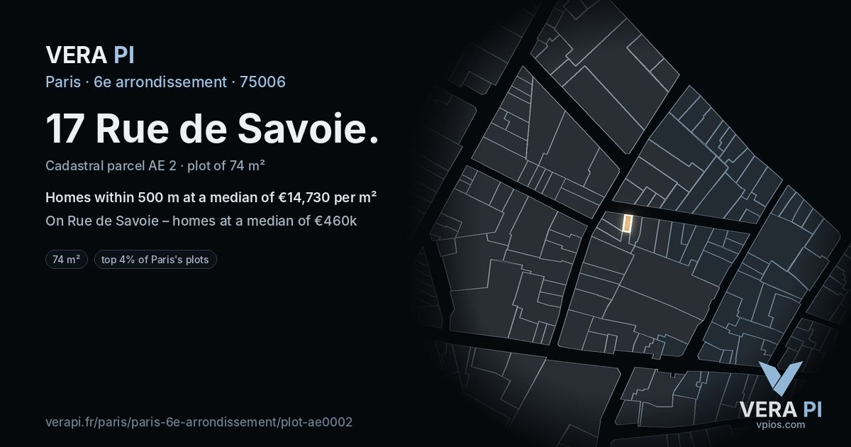 17 Rue de Savoie, 6e arrondissement at night – the plot lit, the parcels around coloured by the prices near them