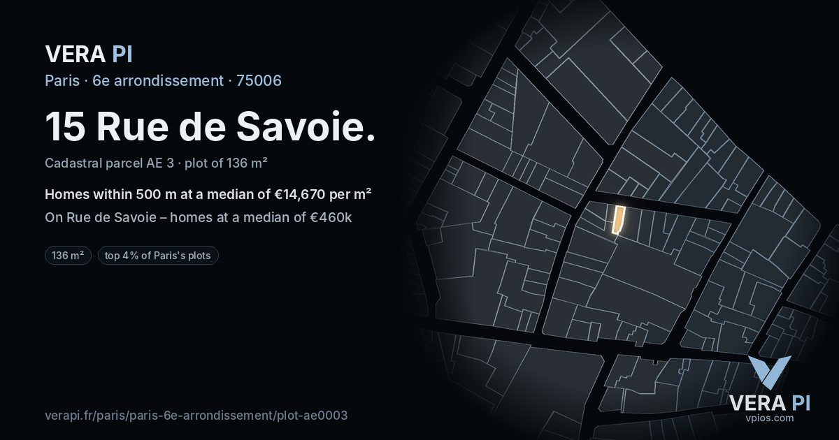 15 Rue de Savoie, 6e arrondissement at night – the plot lit, the parcels around coloured by the prices near them