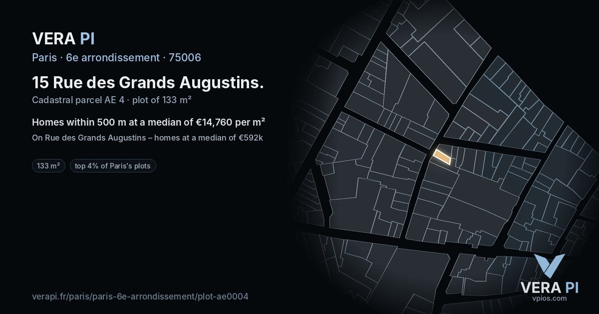 15 Rue des Grands Augustins, 6e arrondissement at night – the plot lit, the parcels around coloured by the prices near them