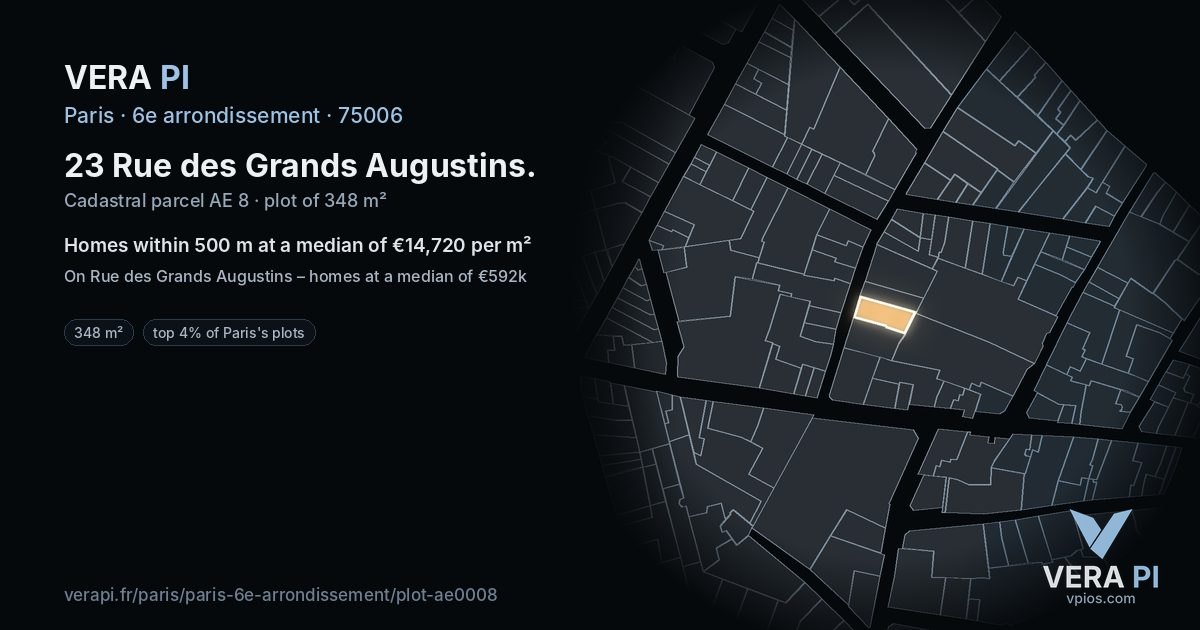 23 Rue des Grands Augustins, 6e arrondissement at night – the plot lit, the parcels around coloured by the prices near them
