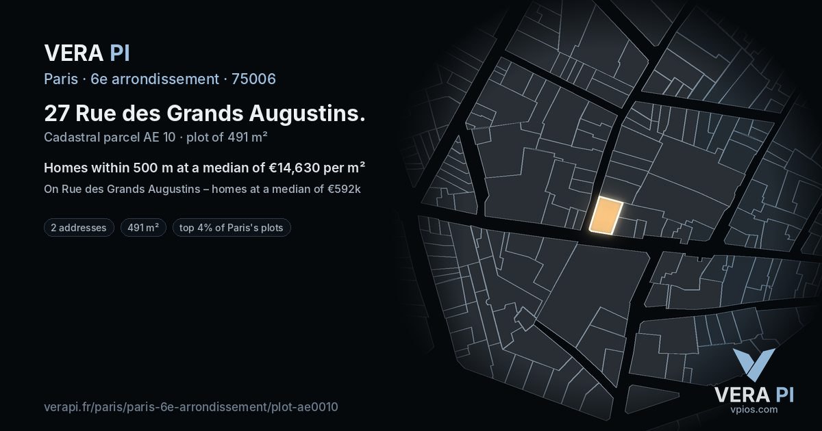 27 Rue des Grands Augustins, 6e arrondissement at night – the plot lit, the parcels around coloured by the prices near them