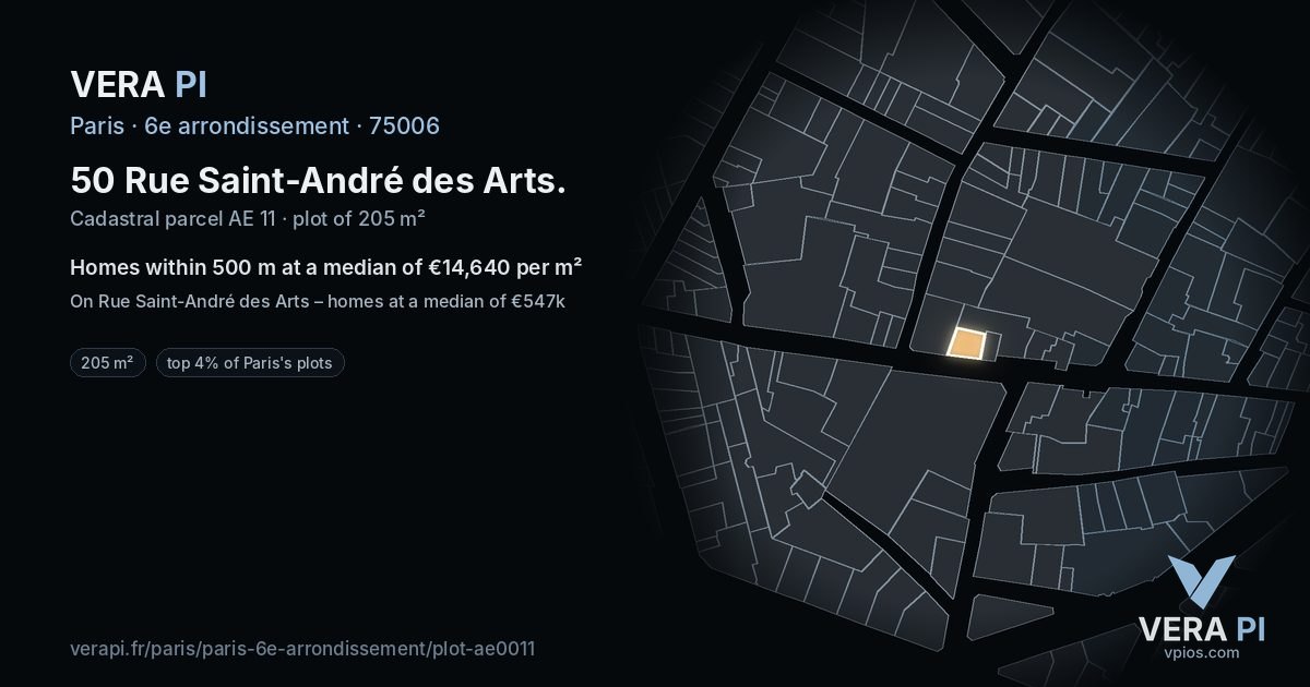 50 Rue Saint-André des Arts, 6e arrondissement at night – the plot lit, the parcels around coloured by the prices near them
