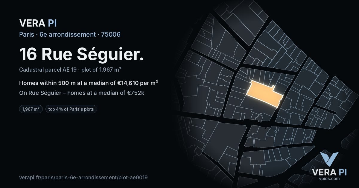 16 Rue Séguier, 6e arrondissement at night – the plot lit, the parcels around coloured by the prices near them