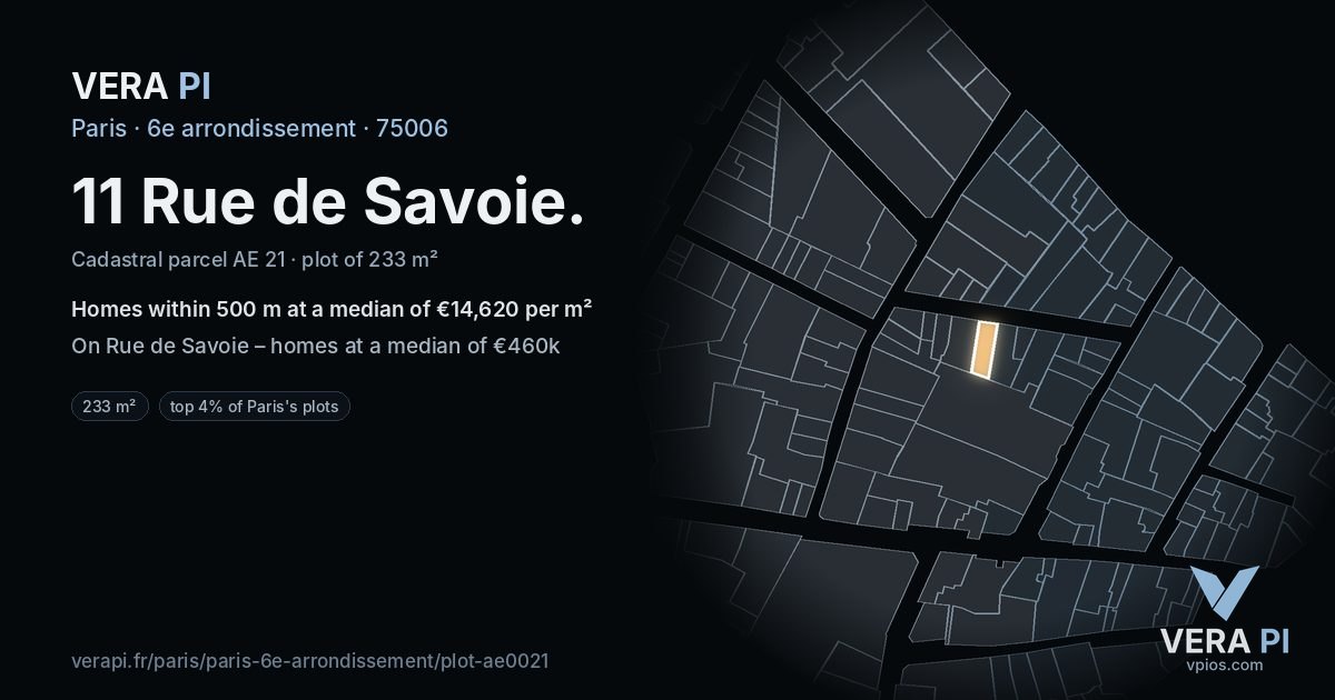 11 Rue de Savoie, 6e arrondissement at night – the plot lit, the parcels around coloured by the prices near them