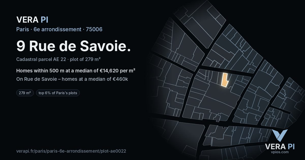 9 Rue de Savoie, 6e arrondissement at night – the plot lit, the parcels around coloured by the prices near them