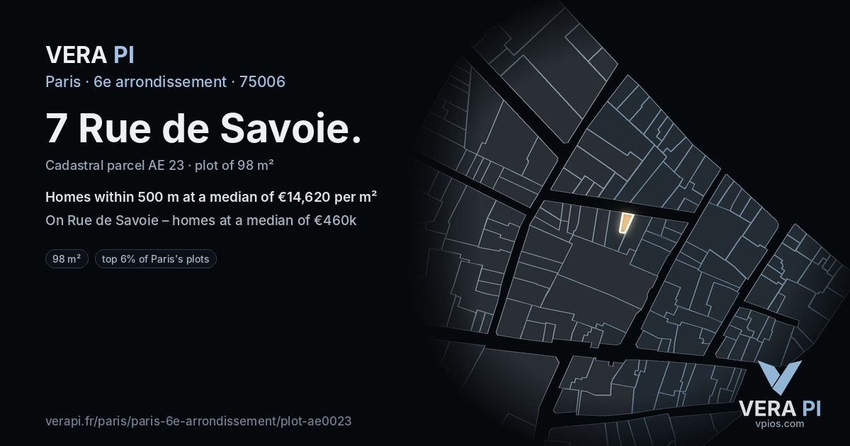 7 Rue de Savoie, 6e arrondissement at night – the plot lit, the parcels around coloured by the prices near them