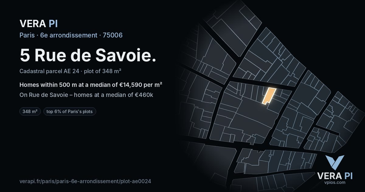 5 Rue de Savoie, 6e arrondissement at night – the plot lit, the parcels around coloured by the prices near them