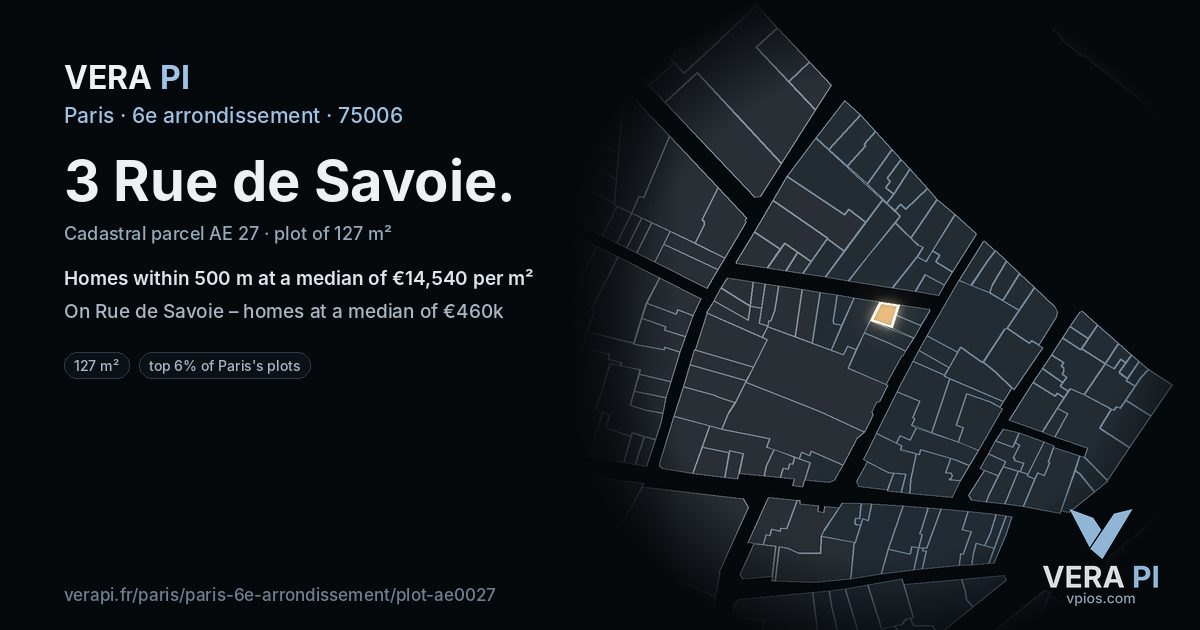 3 Rue de Savoie, 6e arrondissement at night – the plot lit, the parcels around coloured by the prices near them