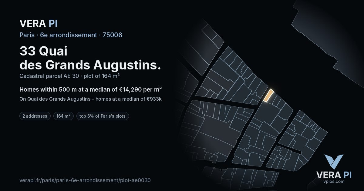 33 Quai des Grands Augustins, 6e arrondissement at night – the plot lit, the parcels around coloured by the prices near them