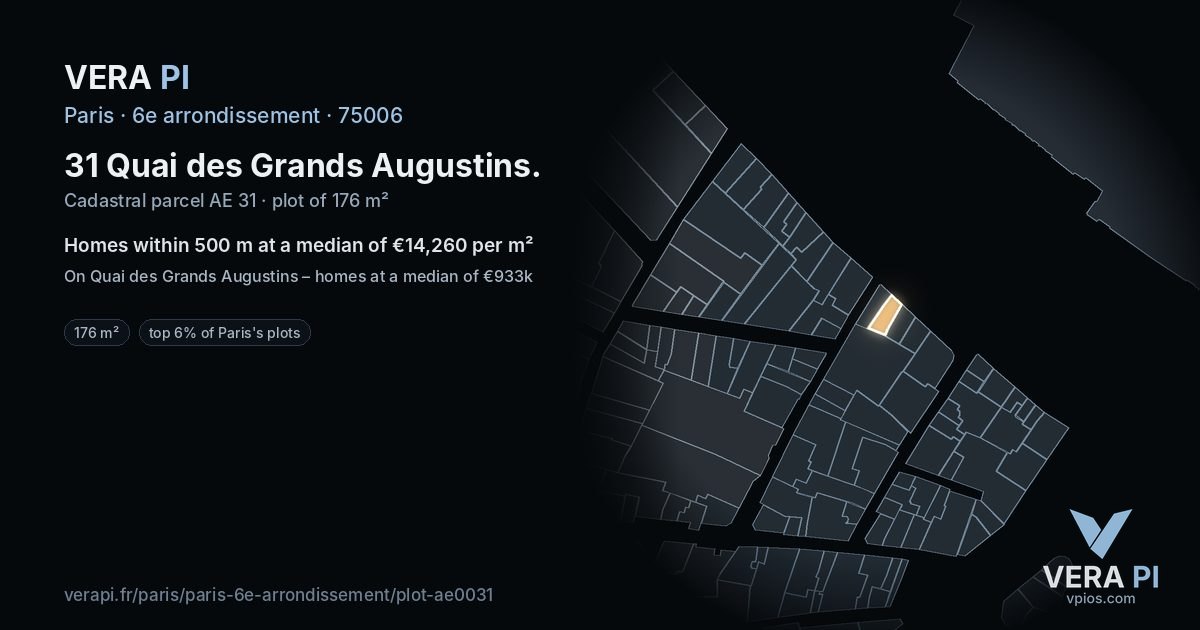 31 Quai des Grands Augustins, 6e arrondissement at night – the plot lit, the parcels around coloured by the prices near them