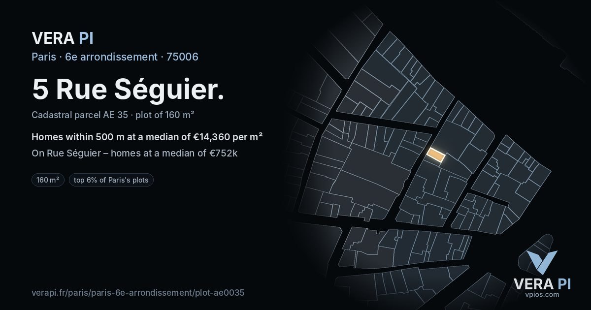 5 Rue Séguier, 6e arrondissement at night – the plot lit, the parcels around coloured by the prices near them