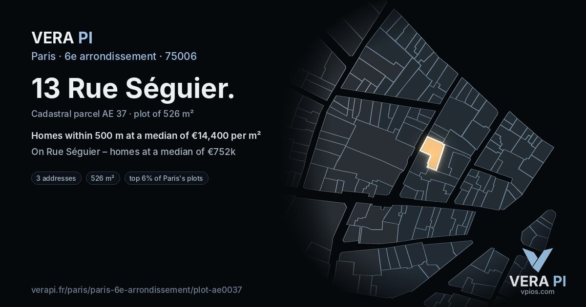 13 Rue Séguier, 6e arrondissement at night – the plot lit, the parcels around coloured by the prices near them