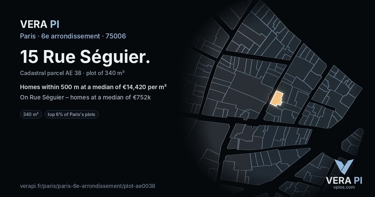 15 Rue Séguier, 6e arrondissement at night – the plot lit, the parcels around coloured by the prices near them
