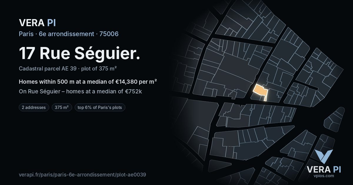 17 Rue Séguier, 6e arrondissement at night – the plot lit, the parcels around coloured by the prices near them