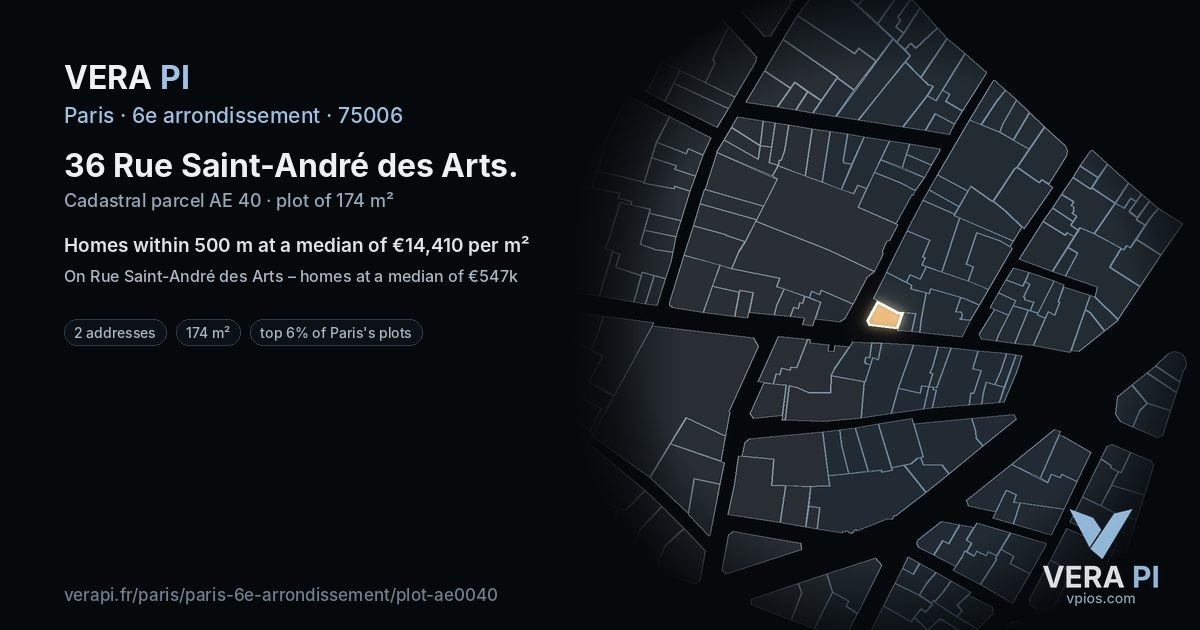36 Rue Saint-André des Arts, 6e arrondissement at night – the plot lit, the parcels around coloured by the prices near them