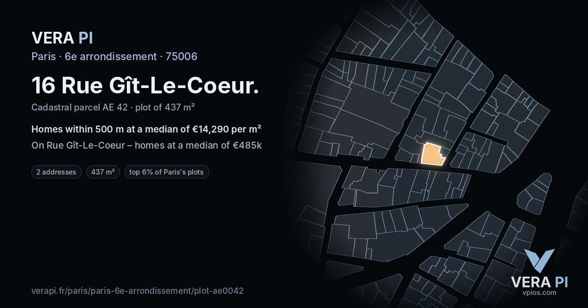 16 Rue Gît-Le-Coeur, 6e arrondissement at night – the plot lit, the parcels around coloured by the prices near them