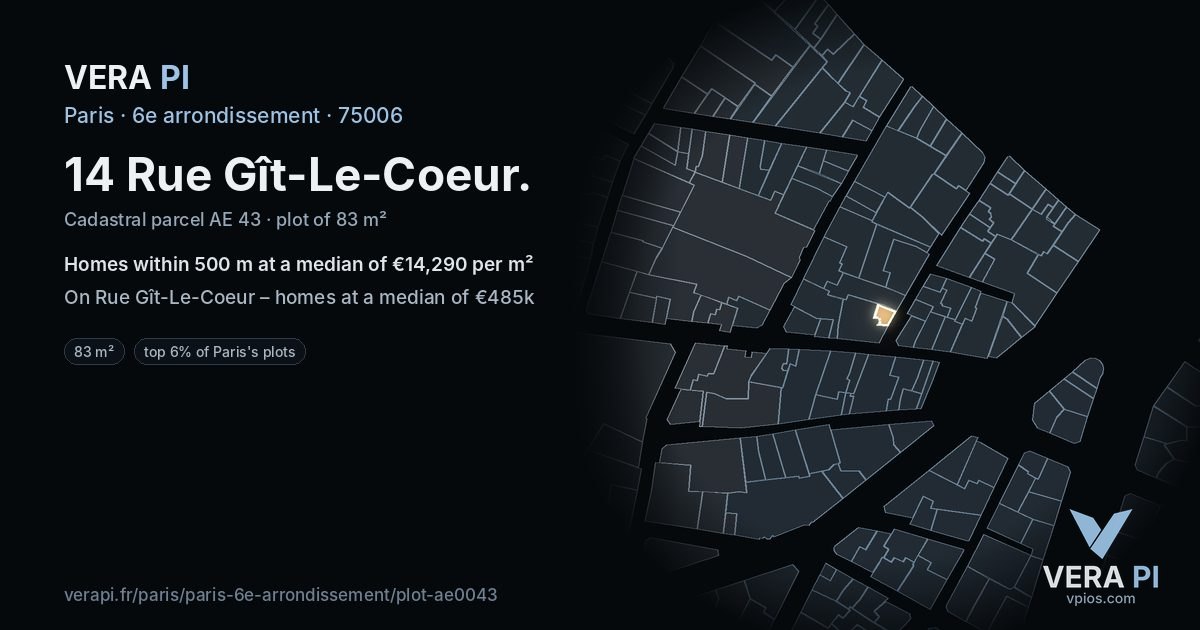 14 Rue Gît-Le-Coeur, 6e arrondissement at night – the plot lit, the parcels around coloured by the prices near them