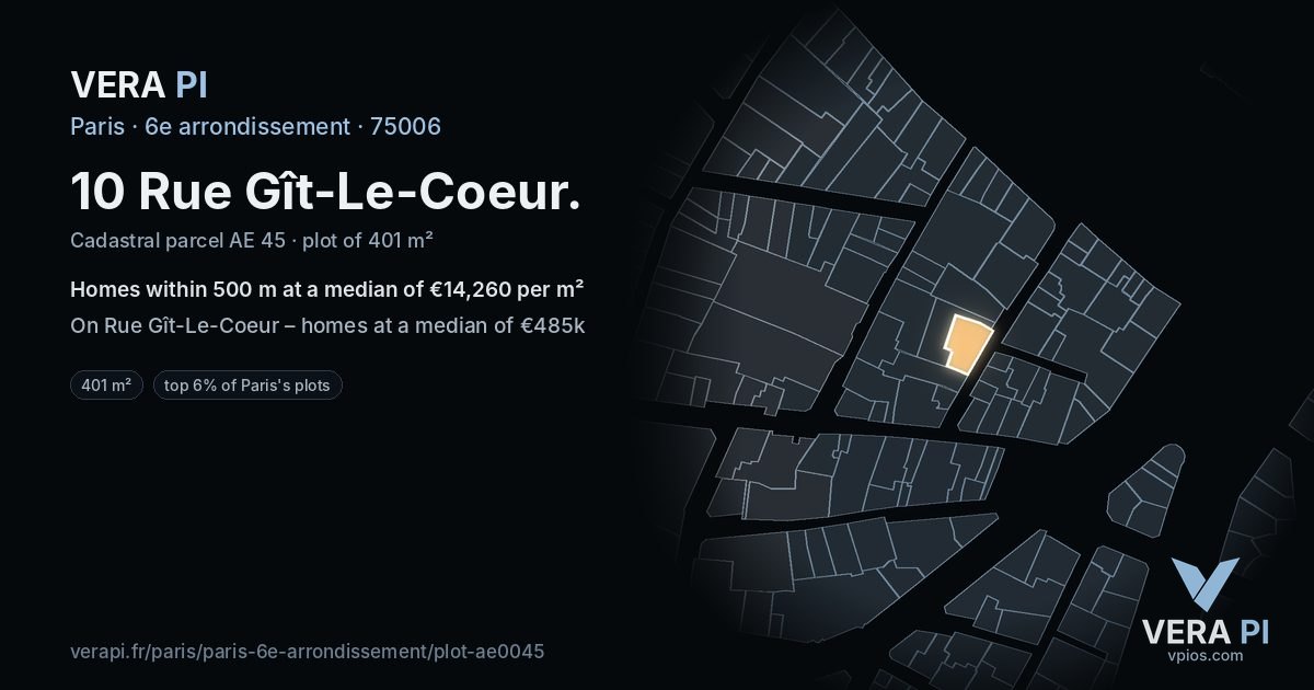 10 Rue Gît-Le-Coeur, 6e arrondissement at night – the plot lit, the parcels around coloured by the prices near them