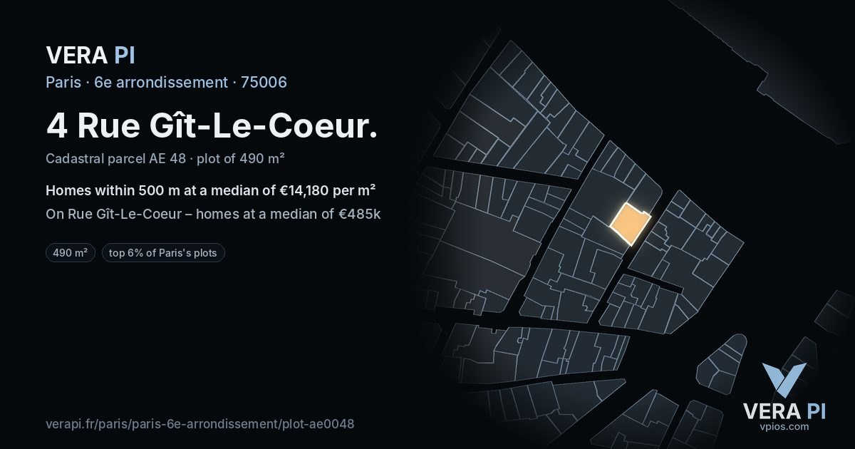 4 Rue Gît-Le-Coeur, 6e arrondissement at night – the plot lit, the parcels around coloured by the prices near them
