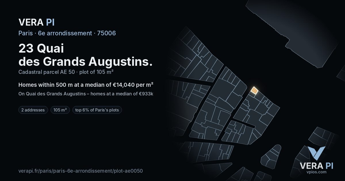 23 Quai des Grands Augustins, 6e arrondissement at night – the plot lit, the parcels around coloured by the prices near them