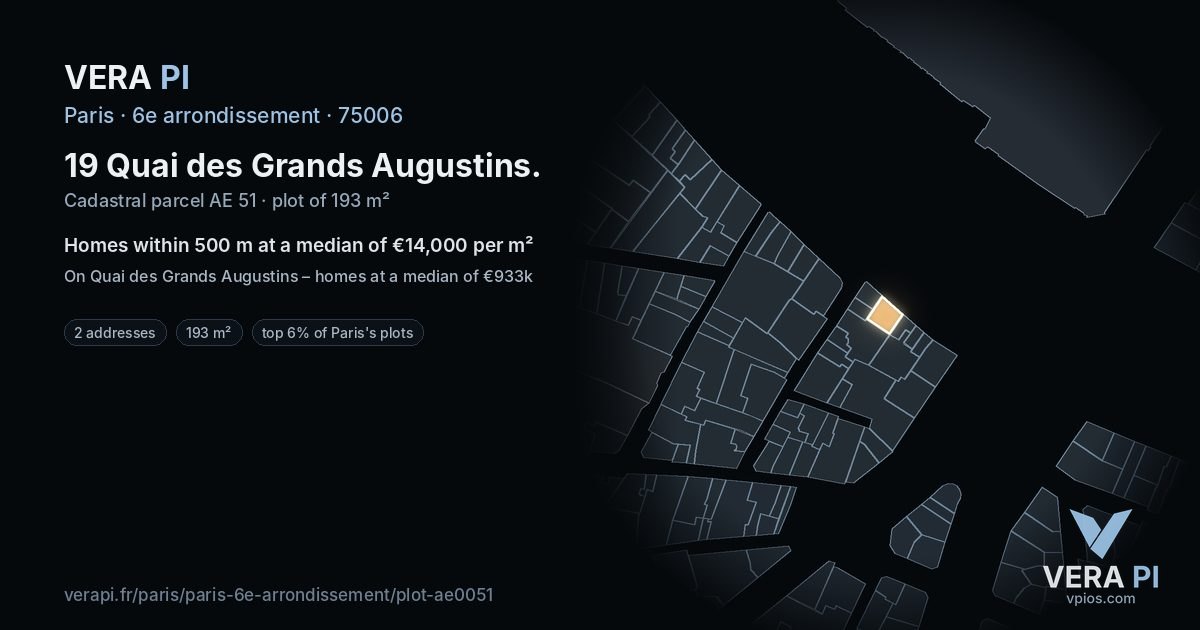 19 Quai des Grands Augustins, 6e arrondissement at night – the plot lit, the parcels around coloured by the prices near them