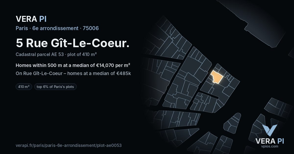 5 Rue Gît-Le-Coeur, 6e arrondissement at night – the plot lit, the parcels around coloured by the prices near them