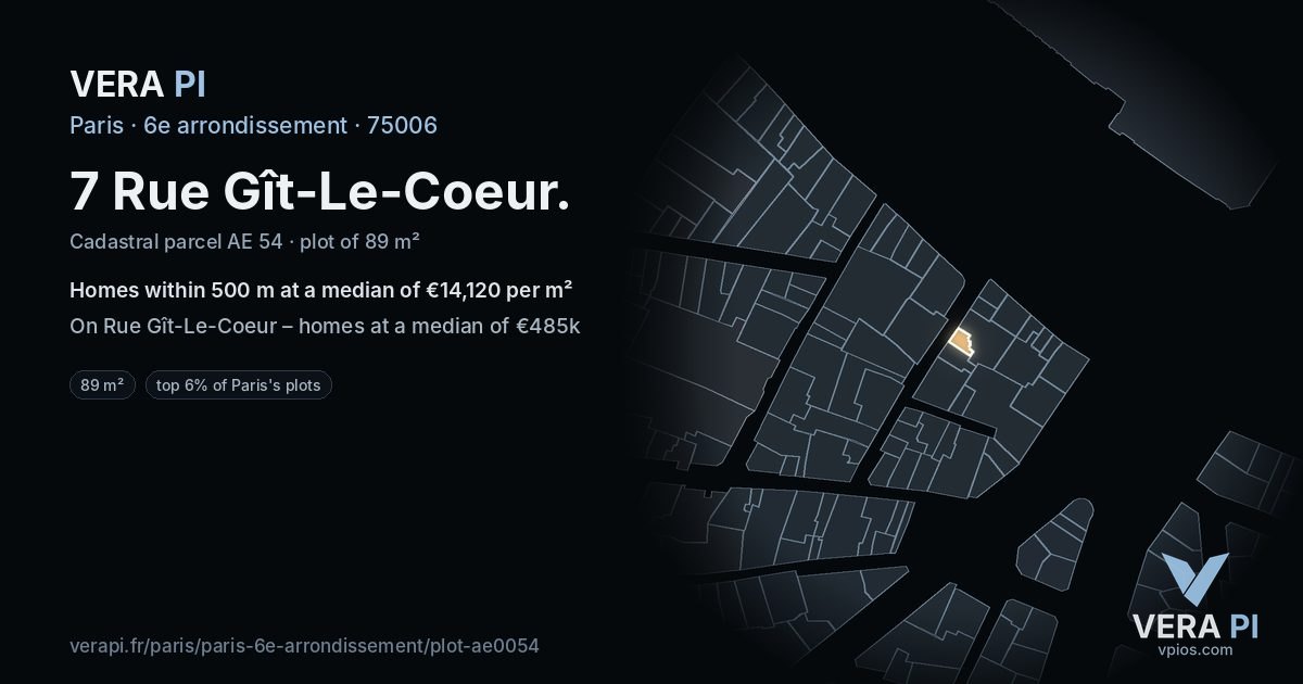 7 Rue Gît-Le-Coeur, 6e arrondissement at night – the plot lit, the parcels around coloured by the prices near them