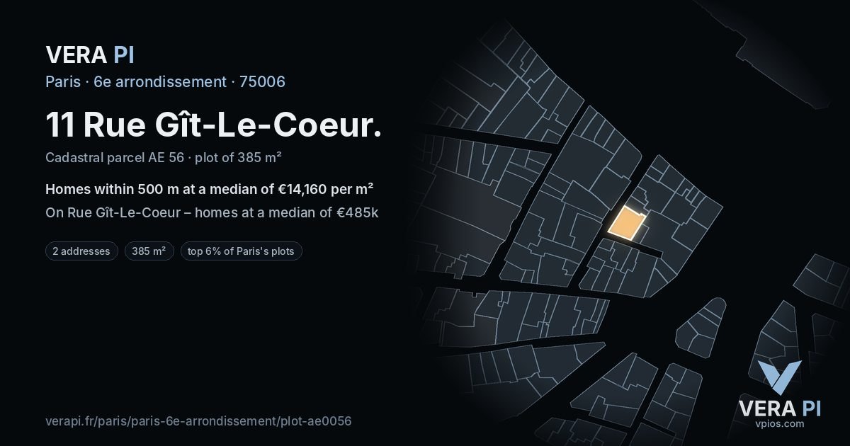 11 Rue Gît-Le-Coeur, 6e arrondissement at night – the plot lit, the parcels around coloured by the prices near them