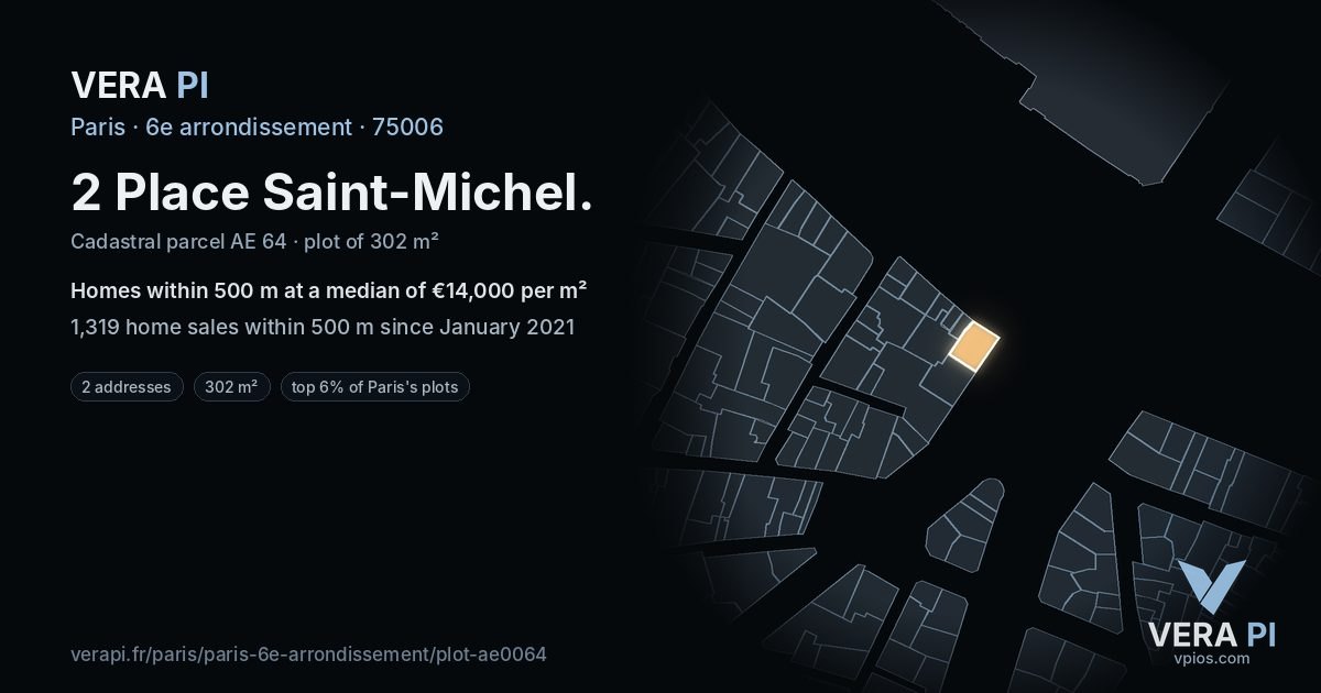 2 Place Saint-Michel, 6e arrondissement at night – the plot lit, the parcels around coloured by the prices near them