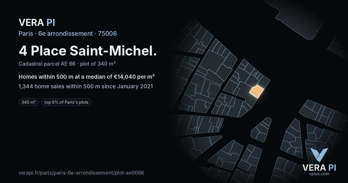 4 Place Saint-Michel, 6e arrondissement at night – the plot lit, the parcels around coloured by the prices near them