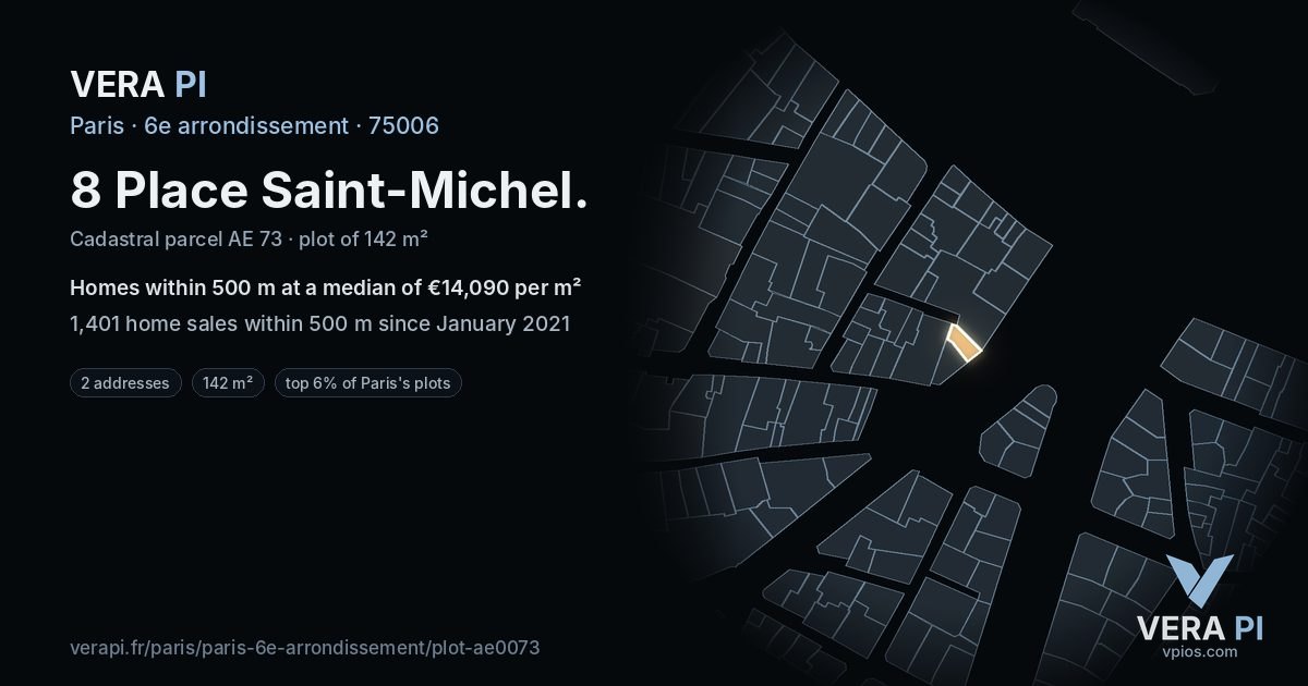 8 Place Saint-Michel, 6e arrondissement at night – the plot lit, the parcels around coloured by the prices near them