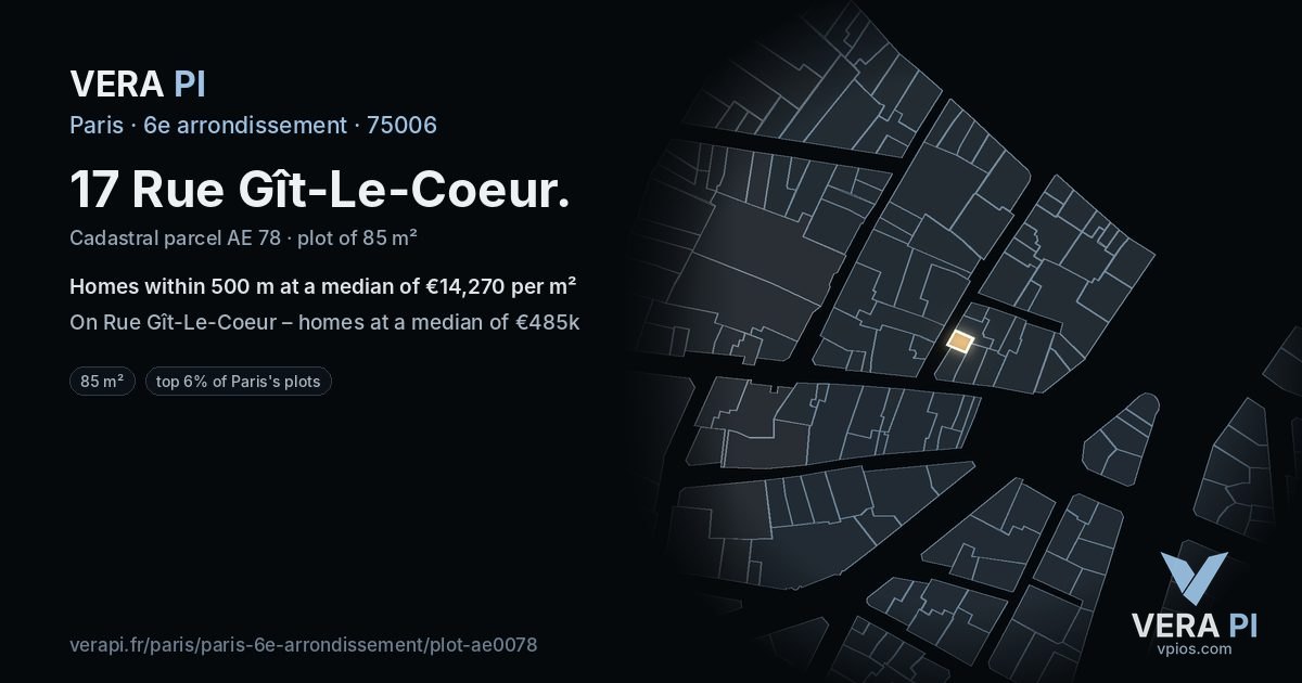 17 Rue Gît-Le-Coeur, 6e arrondissement at night – the plot lit, the parcels around coloured by the prices near them