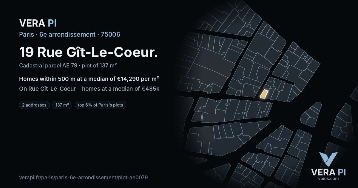 19 Rue Gît-Le-Coeur, 6e arrondissement at night – the plot lit, the parcels around coloured by the prices near them