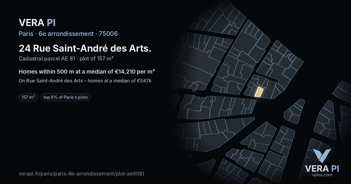 24 Rue Saint-André des Arts, 6e arrondissement at night – the plot lit, the parcels around coloured by the prices near them