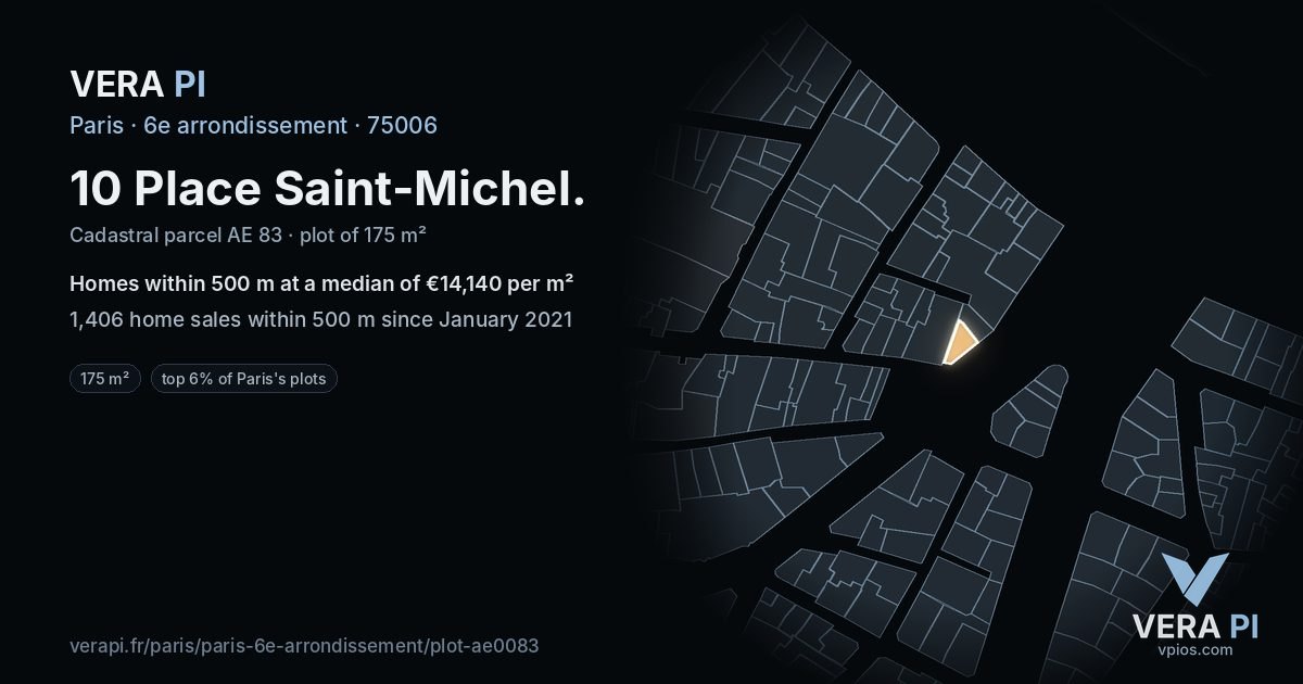 10 Place Saint-Michel, 6e arrondissement at night – the plot lit, the parcels around coloured by the prices near them