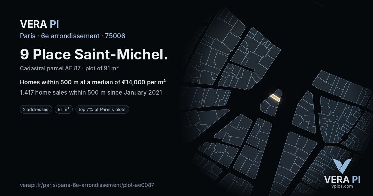 9 Place Saint-Michel, 6e arrondissement at night – the plot lit, the parcels around coloured by the prices near them