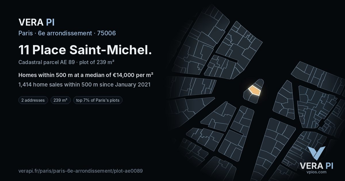 11 Place Saint-Michel, 6e arrondissement at night – the plot lit, the parcels around coloured by the prices near them