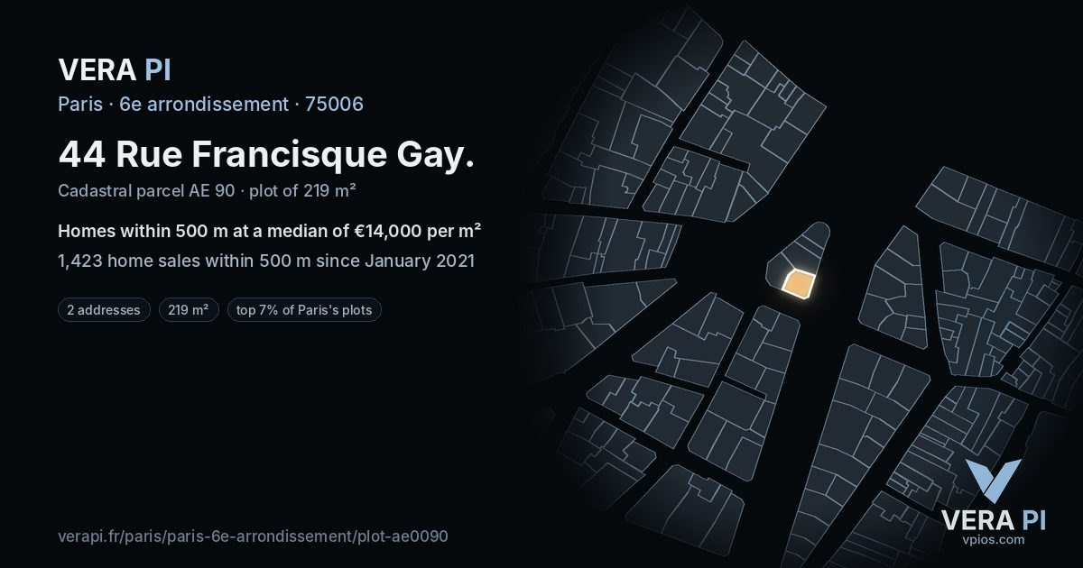 44 Rue Francisque Gay, 6e arrondissement at night – the plot lit, the parcels around coloured by the prices near them